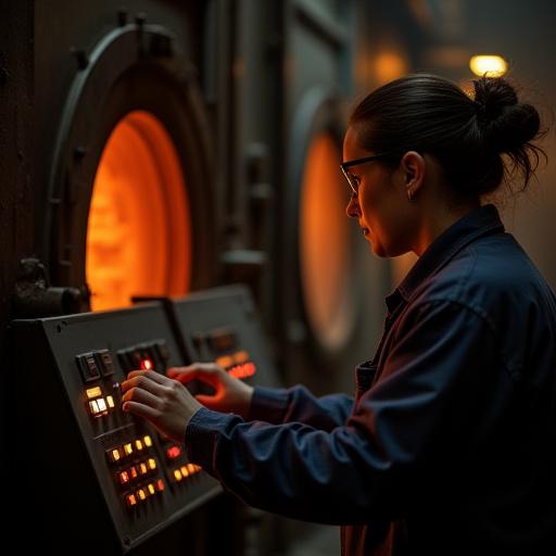 An engineer adjusting controls on an industrial kiln.